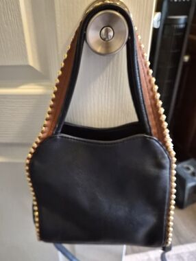 Bug Buddaha Navy Blue and Brown Women's Leather Shoulder Bag with Gold Stud Trim